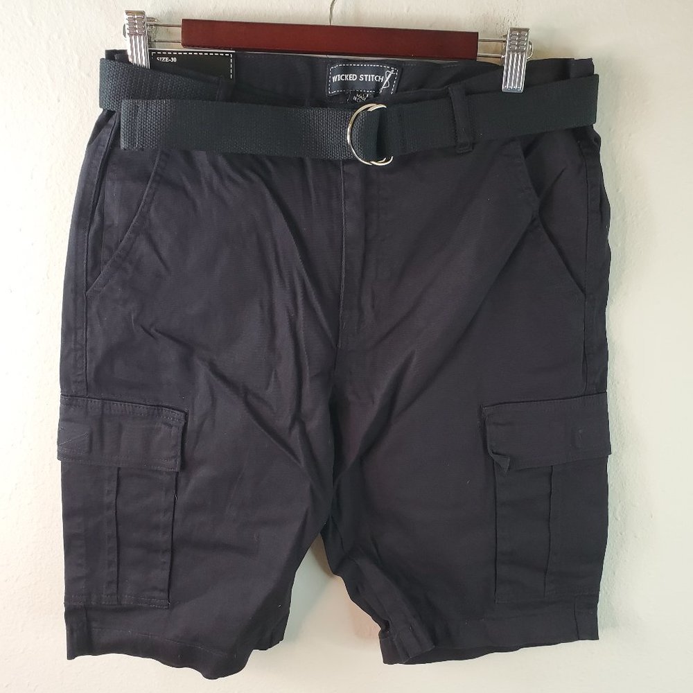 Wicked Stitch Mens Black Flex Fabric Belted Shorts